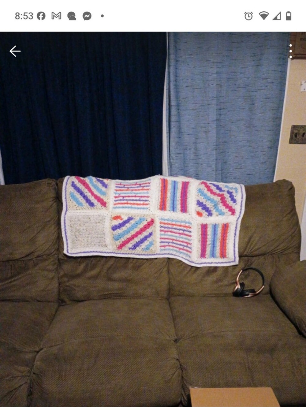 Handmade Crochet Afghan Blanket - White with Rainbow Stripes